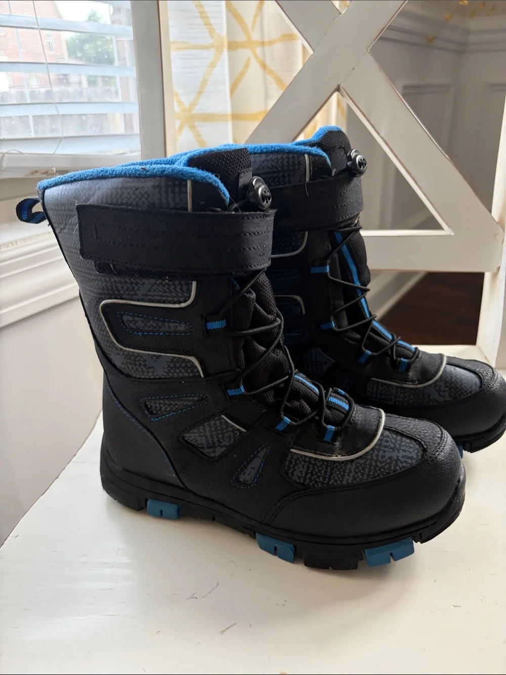 Kids Waterproof Snow Boots in Black with Blue Trim